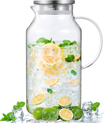 1 Gallon Glass Pitcher with Lid and Handle, Water Pitcher for Fridge, Glass Carafe for Hot/Cold Water, Large Iced Tea