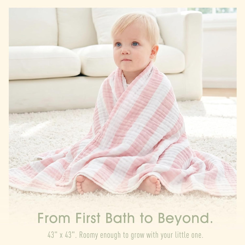 Organic Muslin Baby Bath Towel Blanket Pc Gift Set -Pink Stripe