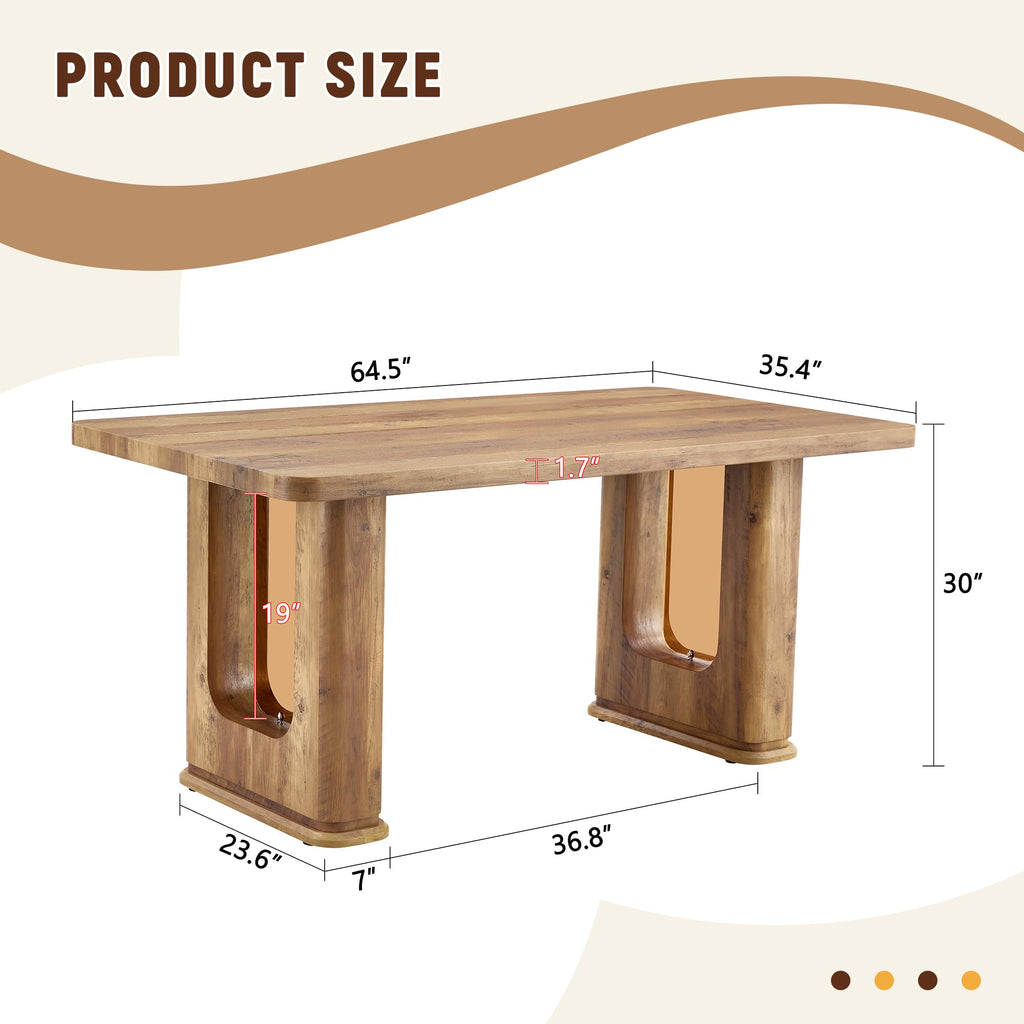 64.5" Dining Room Table Set for 6, Farmhouse Wood Kitchen Table with Decorative Pedestal Legs & 6 Tufted Velvet