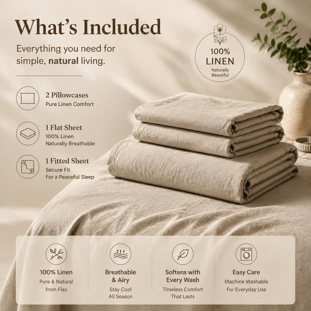 100% French Linen Sheets, 4 Pcs, 16" Deep Pocket