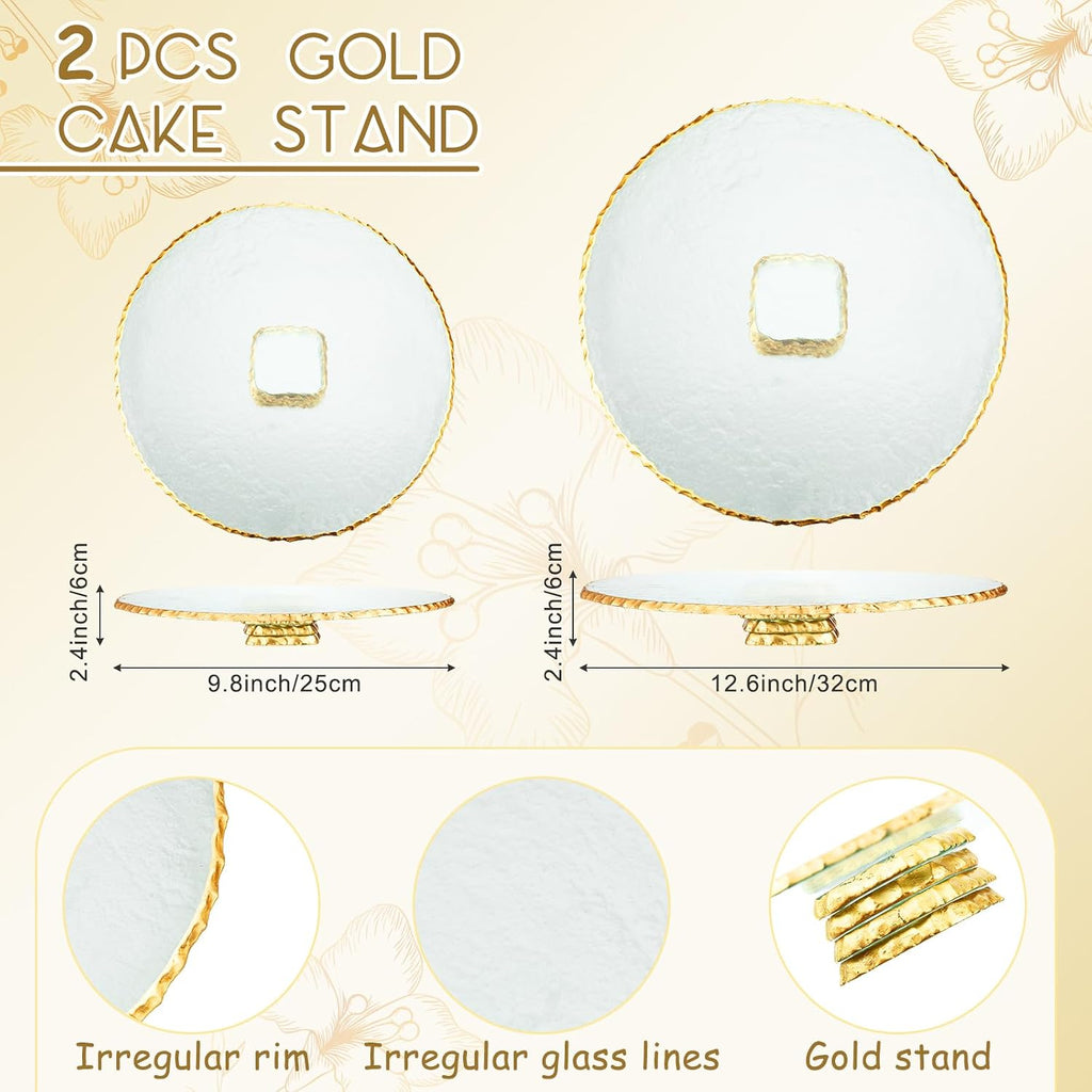 Footed Gold Glass Cake Stand 9.8" 12.6" Round Cake Plate Pedestal Platter Dessert Server Tray for Serving - Set of 2
