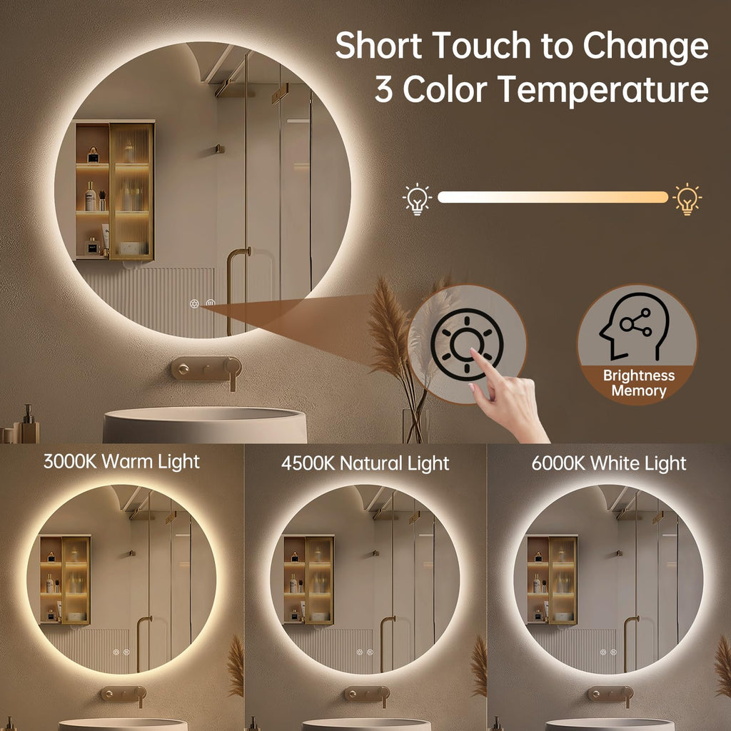 Round Backlit Mirror Bathroom 24", Circle LED Mirror