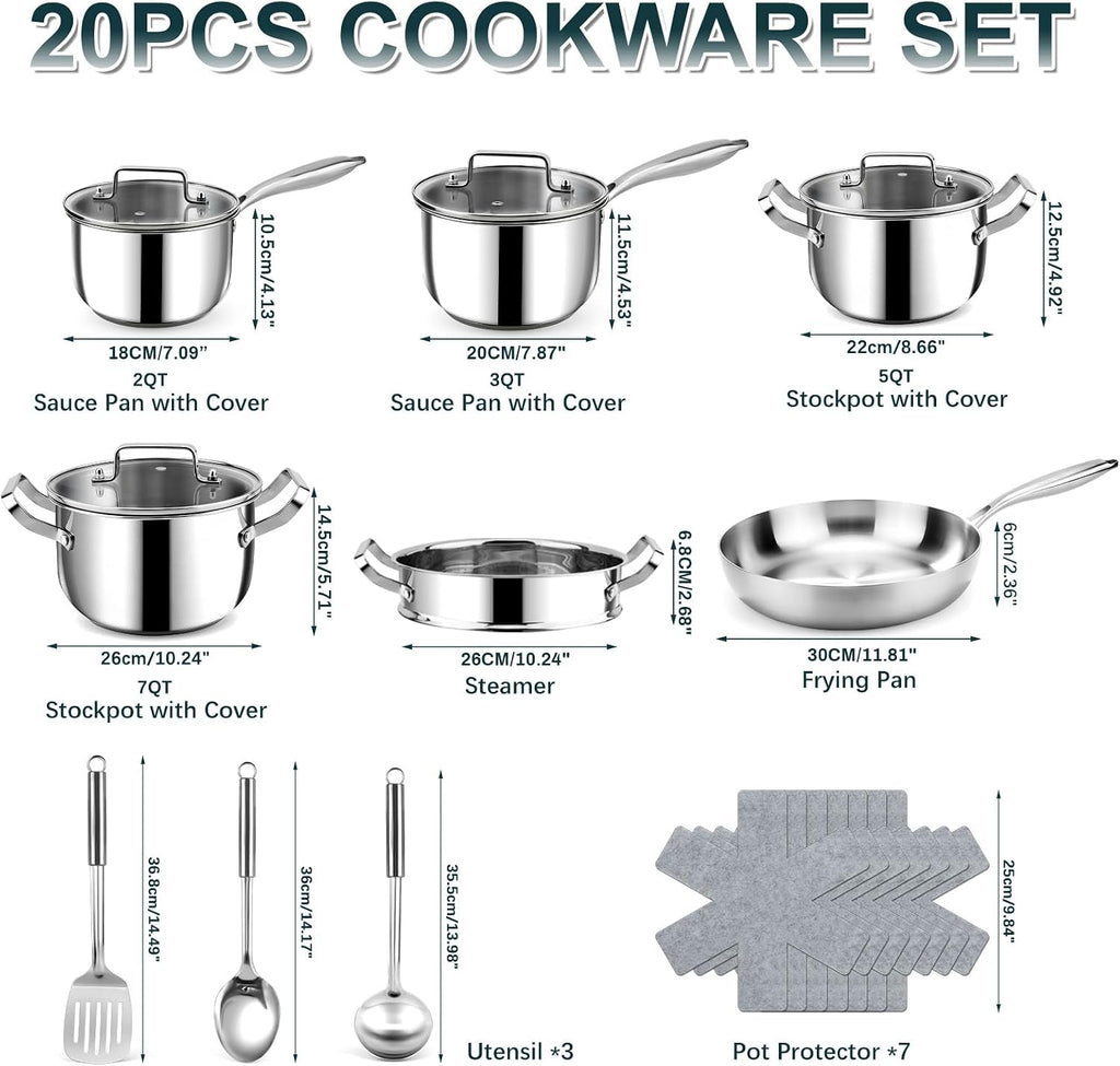 Stainless Steel Cookware Set - 20 PCS Pots and Pans Set with 3-Ply Stainless Steel Frying Pan, Professional Kitchen
