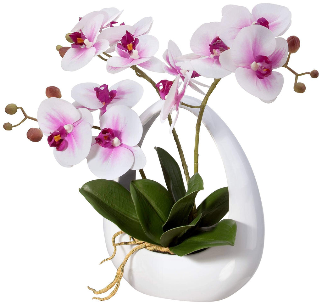 Potted Silk Faux Artificial Flowers Realistic Pink White Phalaenopsis Orchid in White Pot Decoration Living Room