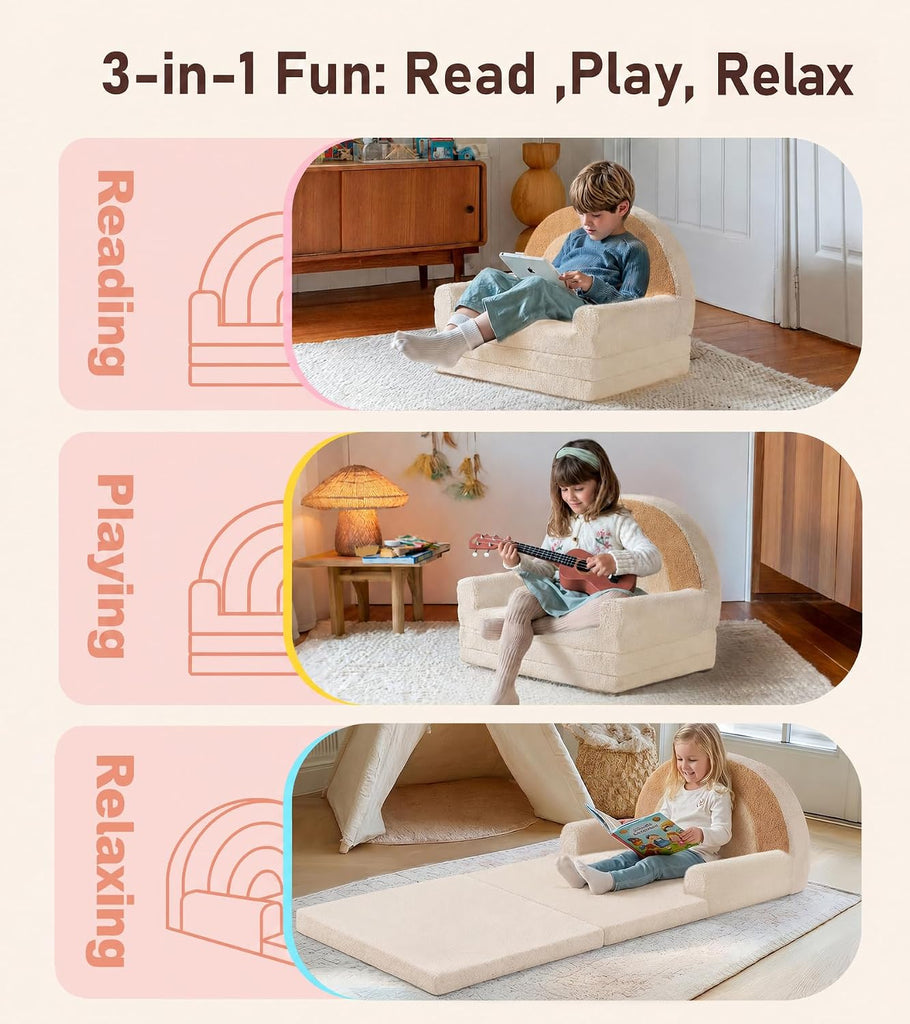 In-1 Extra Large Kids Couch Fold Out, Soft Kid Sofa for Playroom, Beige
