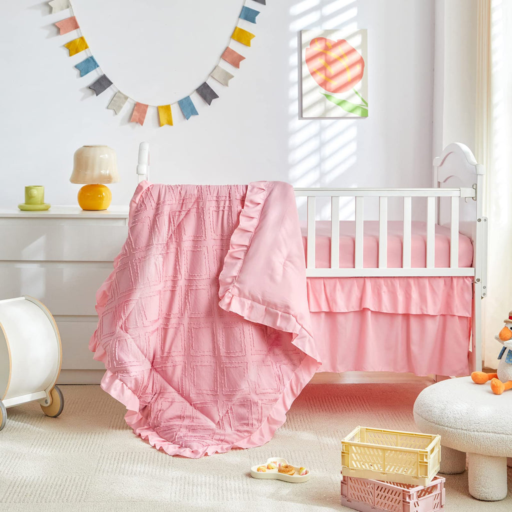 Tufted Ruffle Crib Bedding Set 3 Pieces Baby Boho Quilted Comforter with Fitted Sheet and Bed Skirt - Cute Ruffled
