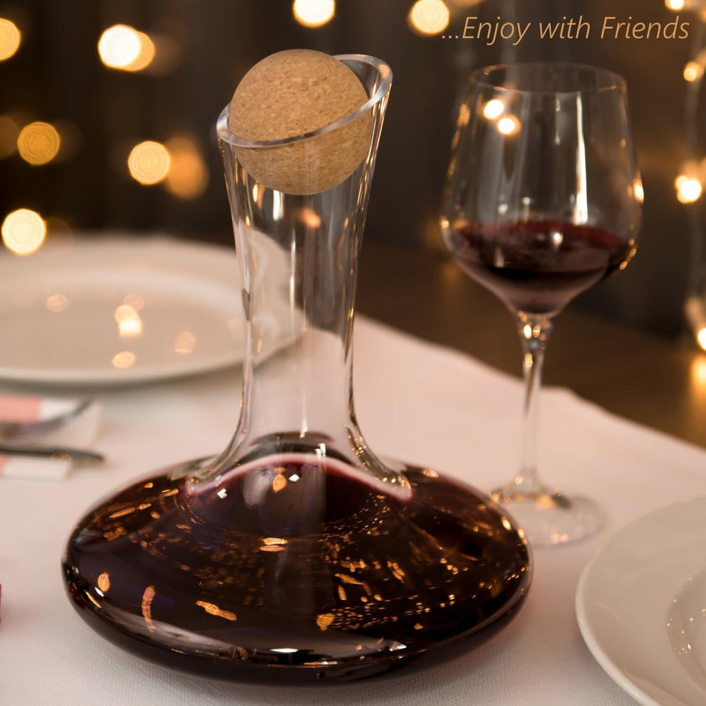 Wine Decanter & Accessories (Cork Stopper + Cleaning Beads) - 100% Lead-Free Crystal Wine Carafe - Unique Gift Idea