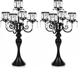 Black Candelabra Centerpieces for Tables - 5 Arm Crystal Pendant Candle Holders, Elegant Metal Centerpieces