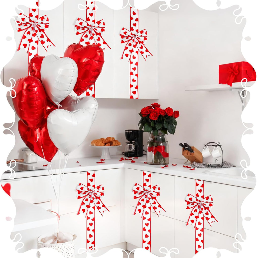 Valentine's Day Cabinet Ribbons Bows 78.8 Inch Large Red and White Heart Door Ribbon Cabinet Bows Gifts Holiday - Set of 8