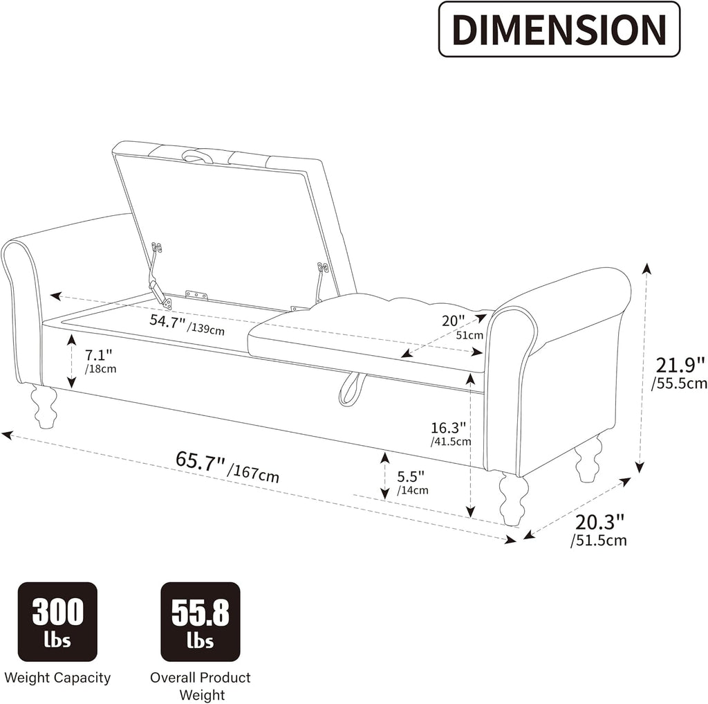 65.7" End of Bed Storage Bench King Size Entryway, Black | Ottoman with storage , tufted upholstered ottoman bench