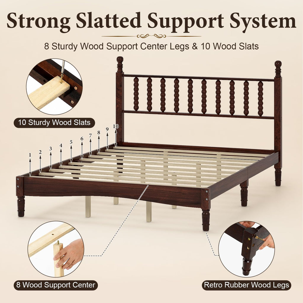 Vintage Wood Bed Frame Queen Size with Spindle Headboard, Walnut