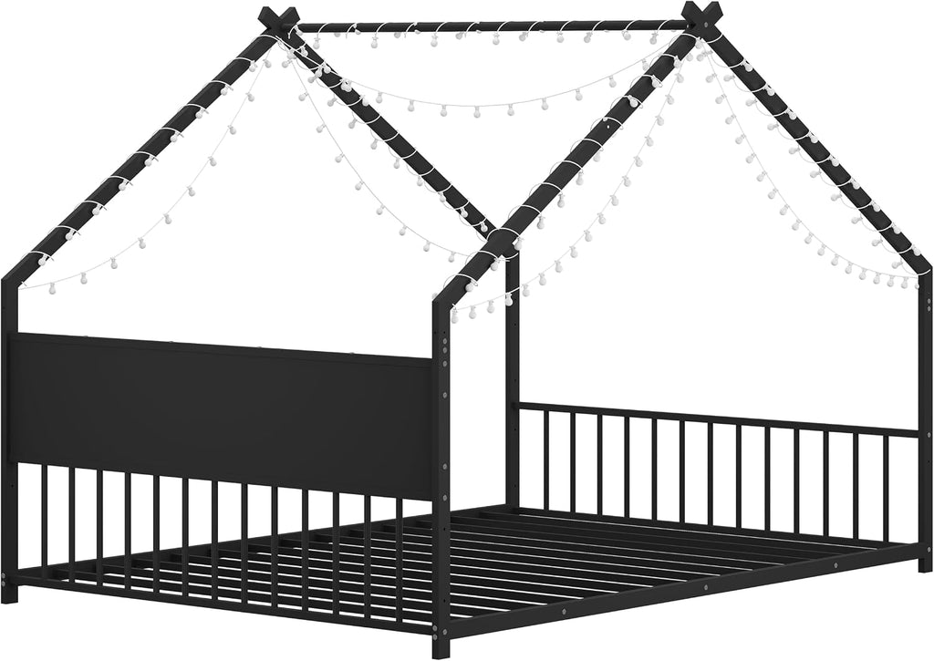 House Floor BedFrame with Slats for Kids, Metal House Bed with high headboard, Black with roof and Lights
