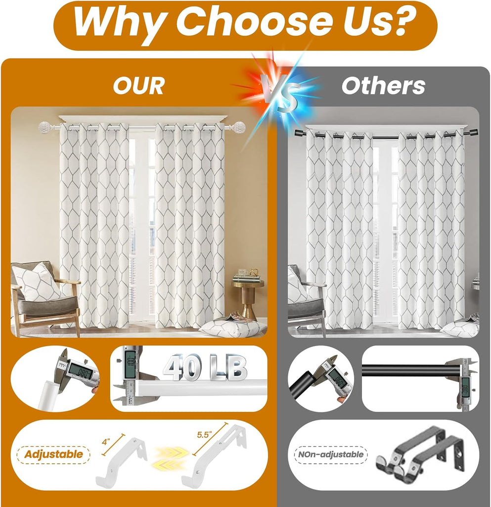 Vintage White Boho Curtain Rod for Windows, 1-inch Heavy-Duty Adjustable Curtain Rod with Decorative