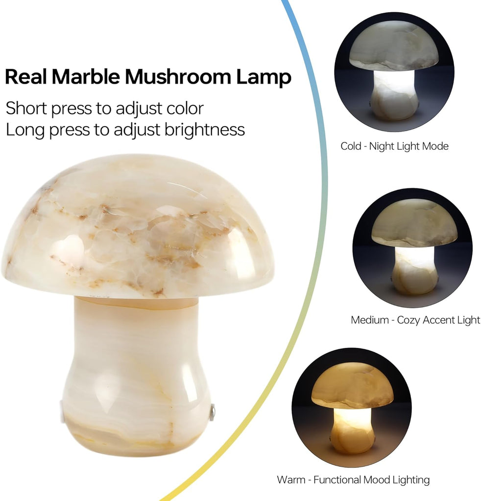 Natural Dolomite Marble Mushroom Lamp,Natural Gemstone Table Lamp Unique Crystal Veins Three-Color Temperature