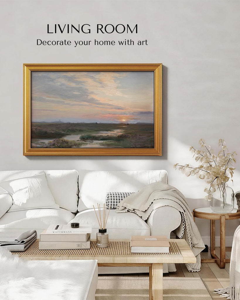 Large Gold Framed Wall Art, Vintage Landscape Paint, Sunset