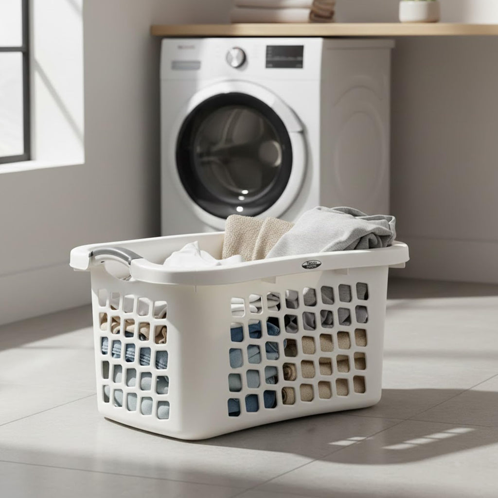 Comfort Grip Plastic Laundry Clothes Basket, Upright Design, White