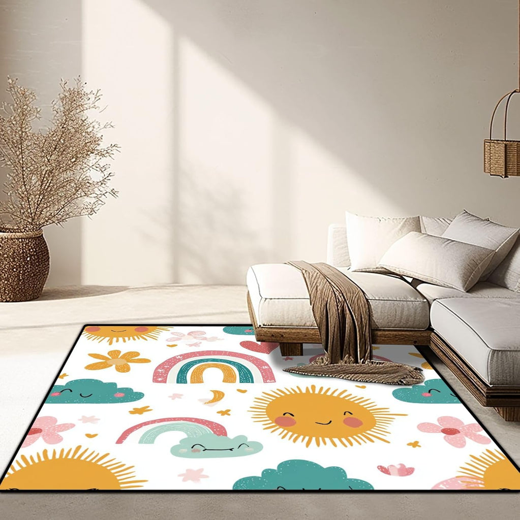 .3 Area Rug Low Pile Seamless Childish Rainbows Sun Moon Scandi Washable Throw Rug Non-Slip Non-Shedding Rug