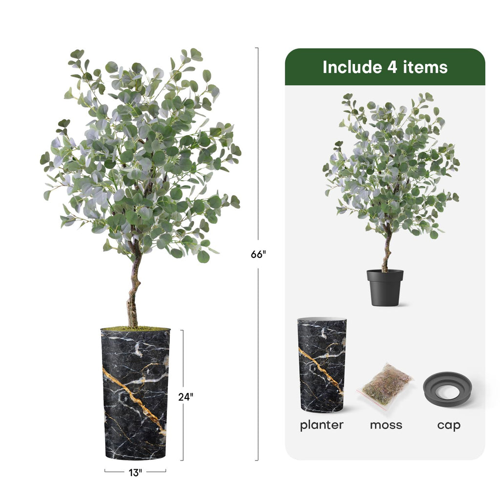 Artificial Tree in Modern Granite Effect Planter, Fake Eucalyptus Silk Tree for Indoor and Outdoor Home Decoration