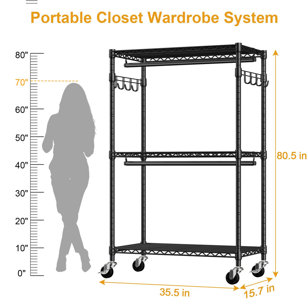 P1 Rolling Clothes Rack, Portable Wardrobe Closet Holds 500lbs