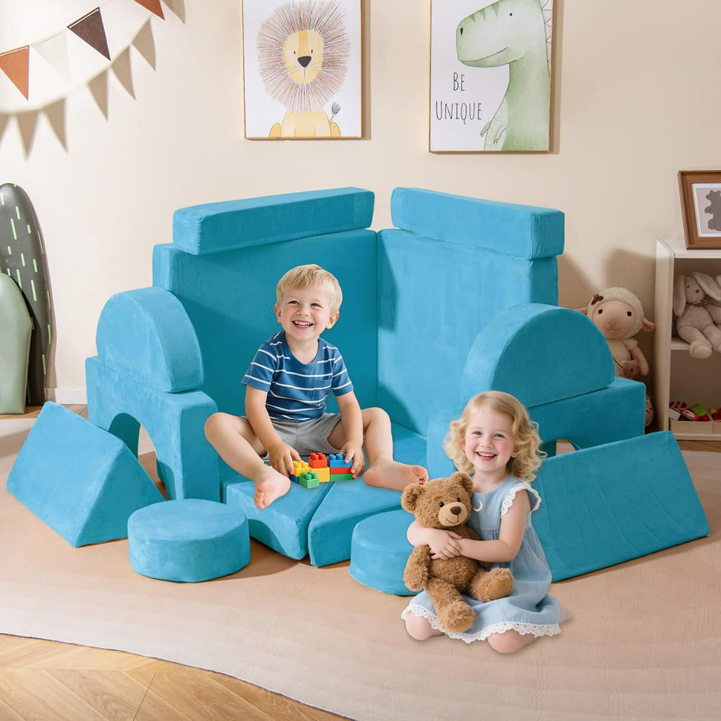 Modular Kids Play Couch, 14 PCS Convertible Foam Children Floor Sofa, Playroom Bedroom Nursery Furniture