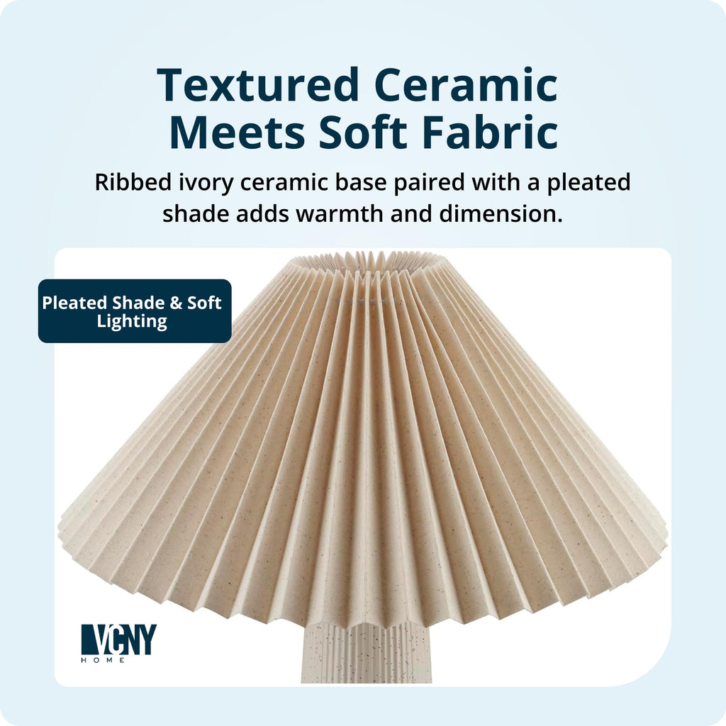 Ivory Ceramic Table Lamp, Cylinder Base, Pleated Shade - 18 Inch