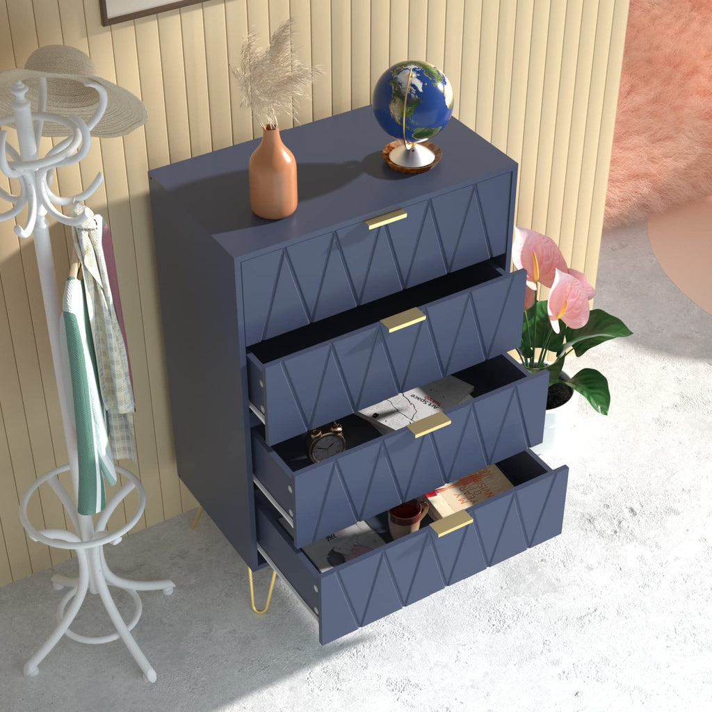 Navy Blue Tall 4 Drawer Dresser Black with Gold Handles, Drawer Chest Tall Storage Dresser Cabinet Organizer Unit