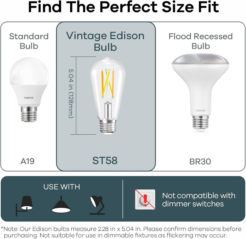 Smart Edison Light Bulb, ST19 (58) Vintage Bulb, 4 Pack with Remote