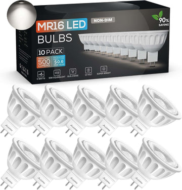 MR16 LED Bulbs 10 Pack, 5000K Daylight 500LM Lights (50W Equivalent), Non-Dimmable 40-Degree AC/DC 12V GU5.3 Bi-Pin