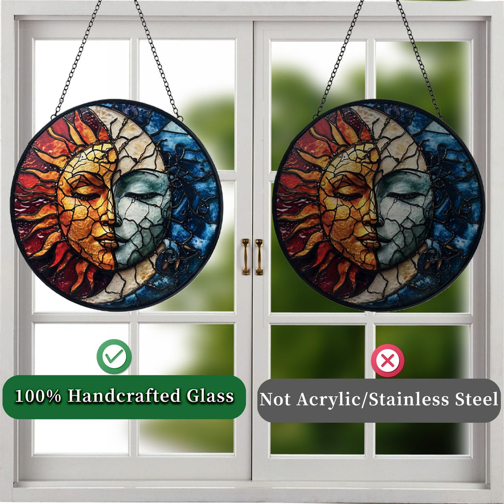 Sun and Moon Decor Suncatcher Stained Glass Window Hanging - Handmade Stained Glass Suncatchers Hanging Decoration