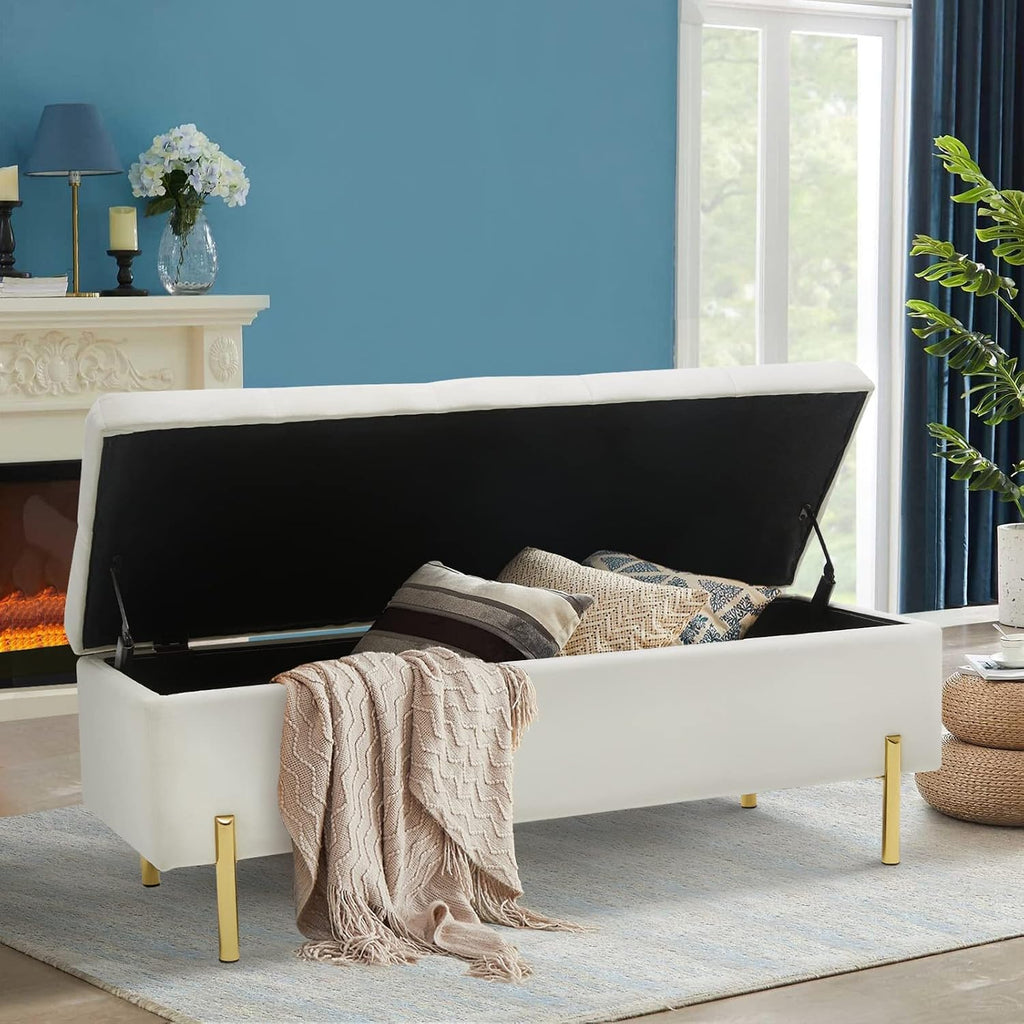 45.6 Inch Velvet Storage Bench Upholstered Tufted Settee Ottoman Bench with Storage, Bed End Bench with Soft Close