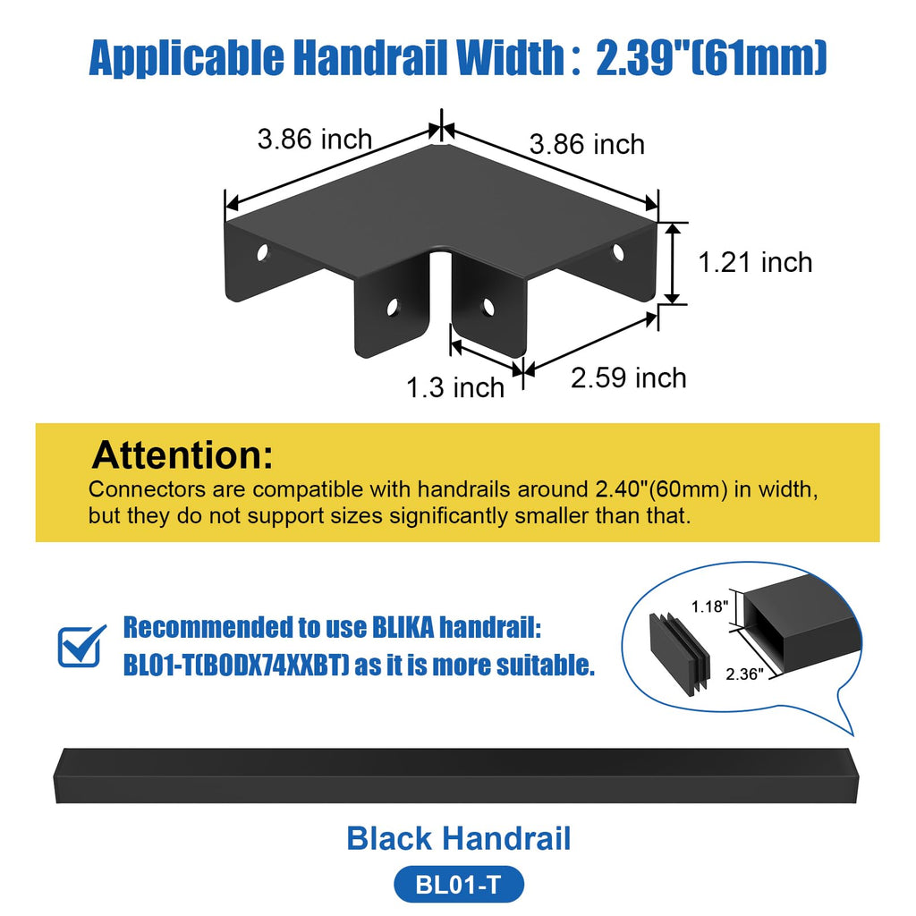 Handrail Connector Fittings, Black Powder Coated Aluminum 90 Degree Sleeve for Deck Stair Cable Railing Rectangular