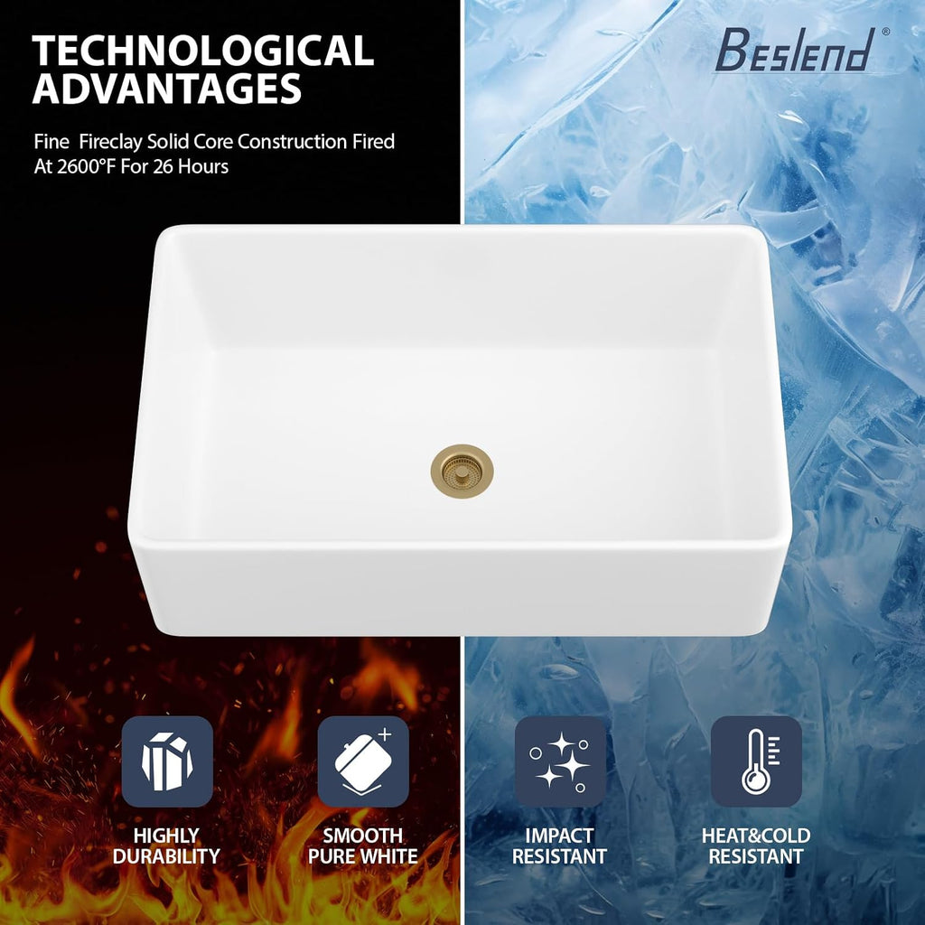 White Farmhouse Sink 33x20 Inch | 33x20x10 In White Farmhouse Sink Fireclay Farm Style Apron Front Kitchen Sink Large