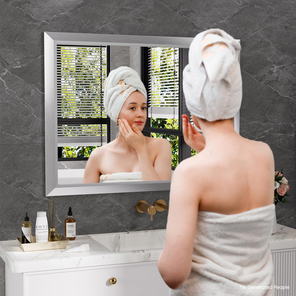 Bathroom Mirror for Wall 40x30 Inch, Brushed Silver Metal Framed