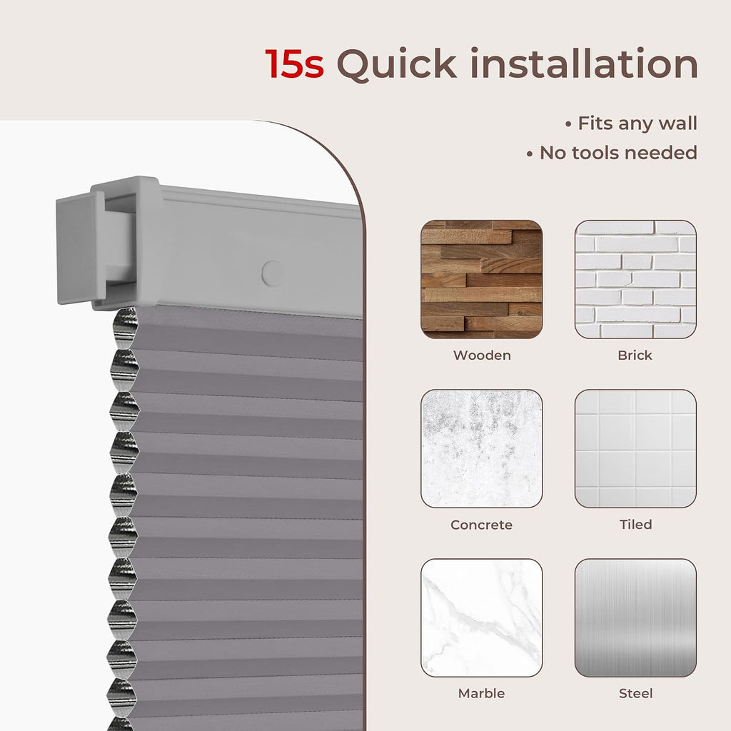No Drill Blinds for Windows Blackout Cordless Cellular Shades Honeycomb Blinds Pull Down, Free Stop Easy Install