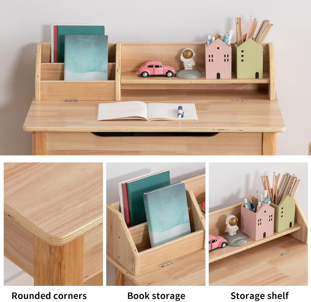Wood Kids Desk and Chair Set, Height Adjustable Children Study Desk with Flip-Top Storage, Book Rack and Hutch