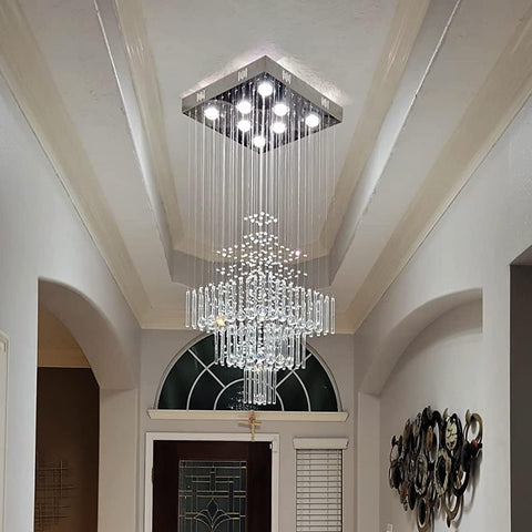 Modern 8 Lights Square Chandelier Light, Luxury 3-Tier Crystal Raindrop Chandeliers Flush Mount Ceiling Light Pendant for Foyer, Modern Chandeliers for Entryway A100-B09Q143DF5