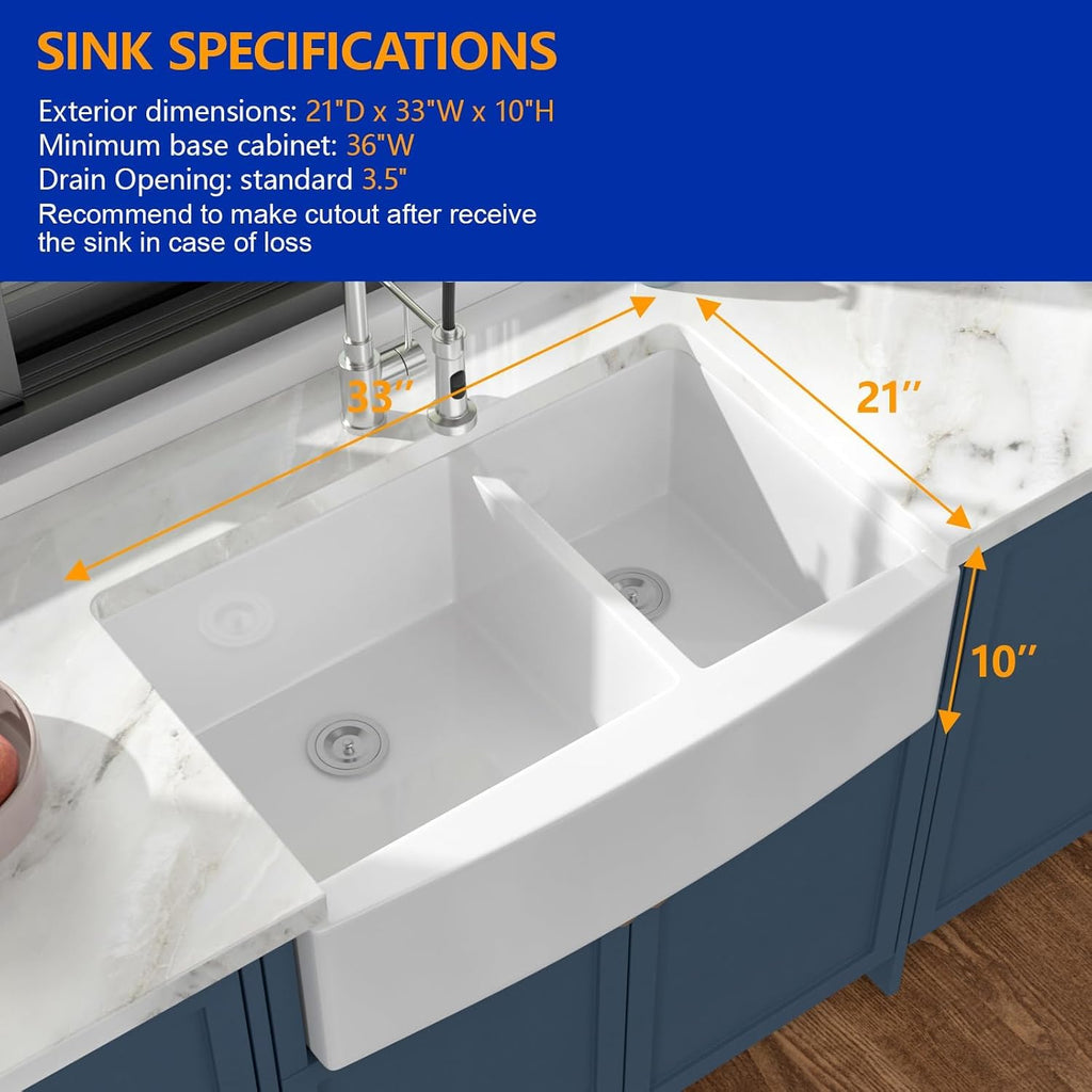33 In. White Fireclay Farmhouse Sink Curved Apron Front Country Style, 60/40 Double Bowl Kitchen Sink, 33"x21"x10"