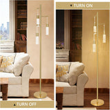 Gold Floor Lamps, Modern Brass Standing Lamp with Bubble Crystal Shades, 3 Built-in LED Lights, ON/Off Foot Switch