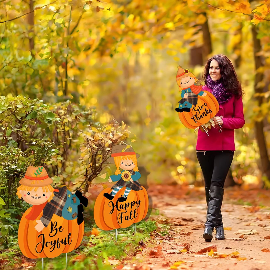 Fall Yard Signs Decorations Thanksgiving Pumpkin Yard Stakes Outdoor - Set of 3