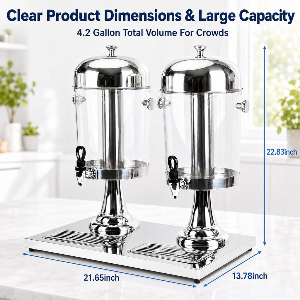 4.2 Gallon Beverage Dispenser, Dual Drink Dispenser with Stand, Stainless Steel Juice Dispenser with Ice Core, Leak - Set of 2