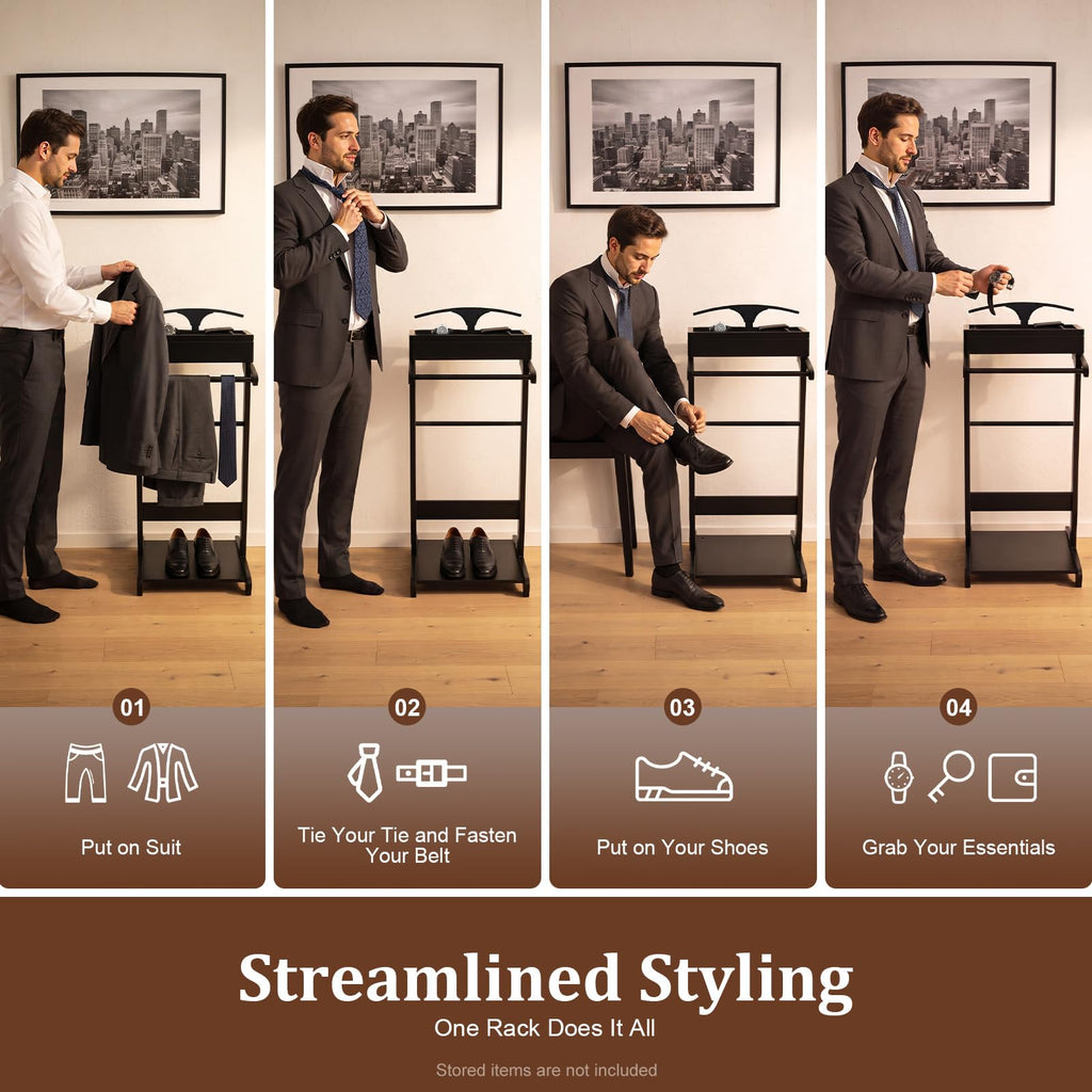 Suit Valet Stand for Men, Black Wooden Clothing Valet Stand with Hanger and Tray Bedroom Organizer for Coats Suits