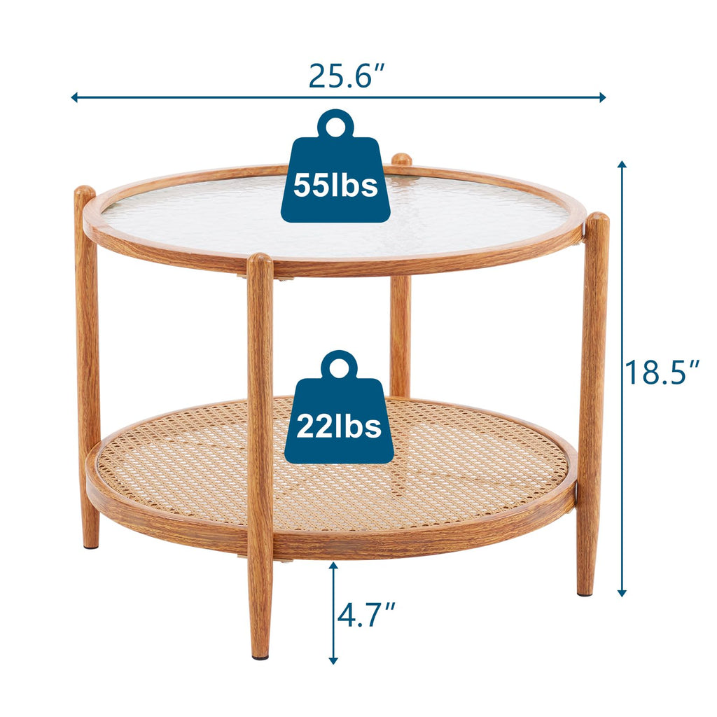 25.6" Round Glass Coffee Table, Rattan Coffee Table, Natural Vibe