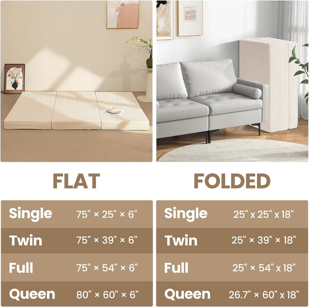 Queen Tri-Fold Mattress, 6 Inch Foldable Foam Mattress with Removable Washable Cover, 80" x 60"