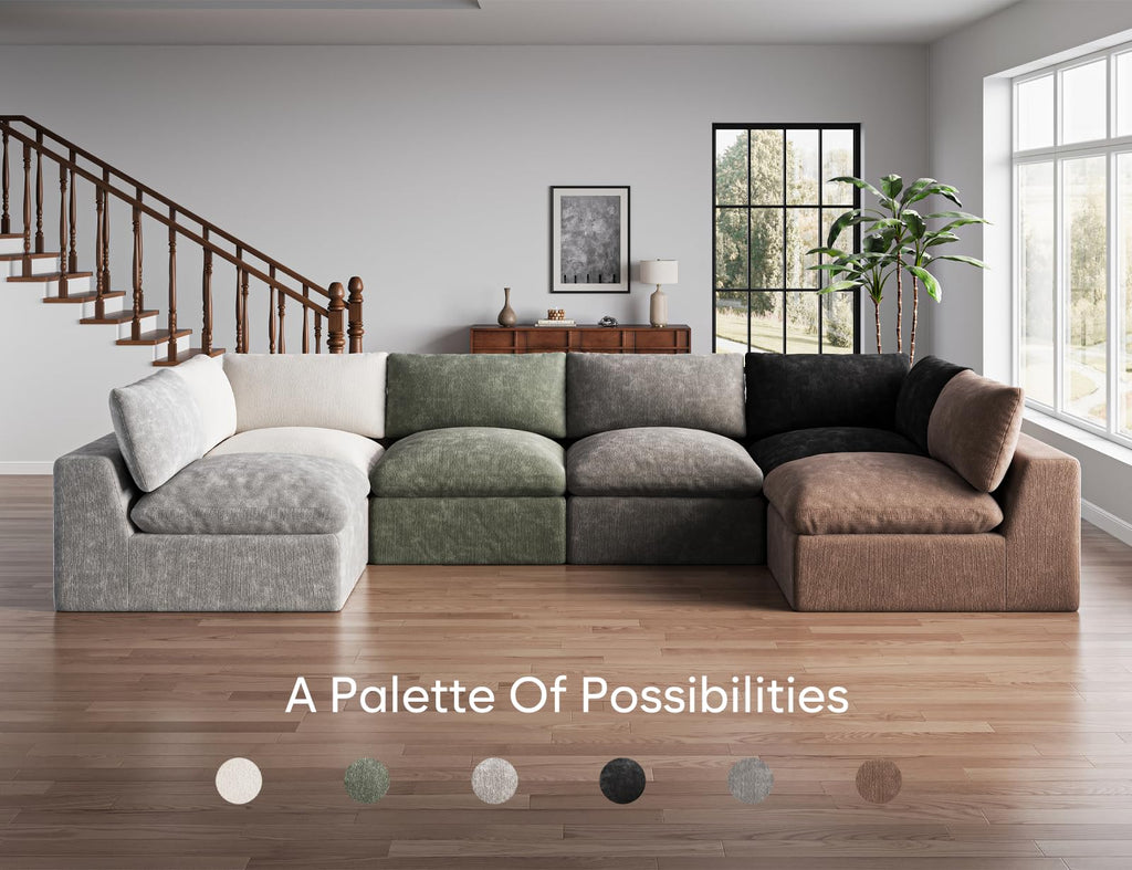 120" Cloud Sectional Couch | Oversize Boneless Couches | 4 Seater L-Shape Sofa | Brown
