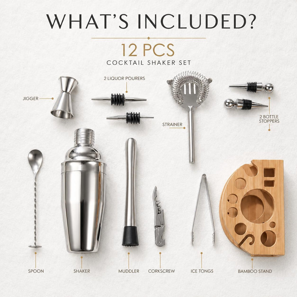Cocktail Shaker Set with Bamboo Stand, 12-Piece 25oz Stainless Steel Bartender Kit, Martini & Margarita Bar Tools - Set of 12