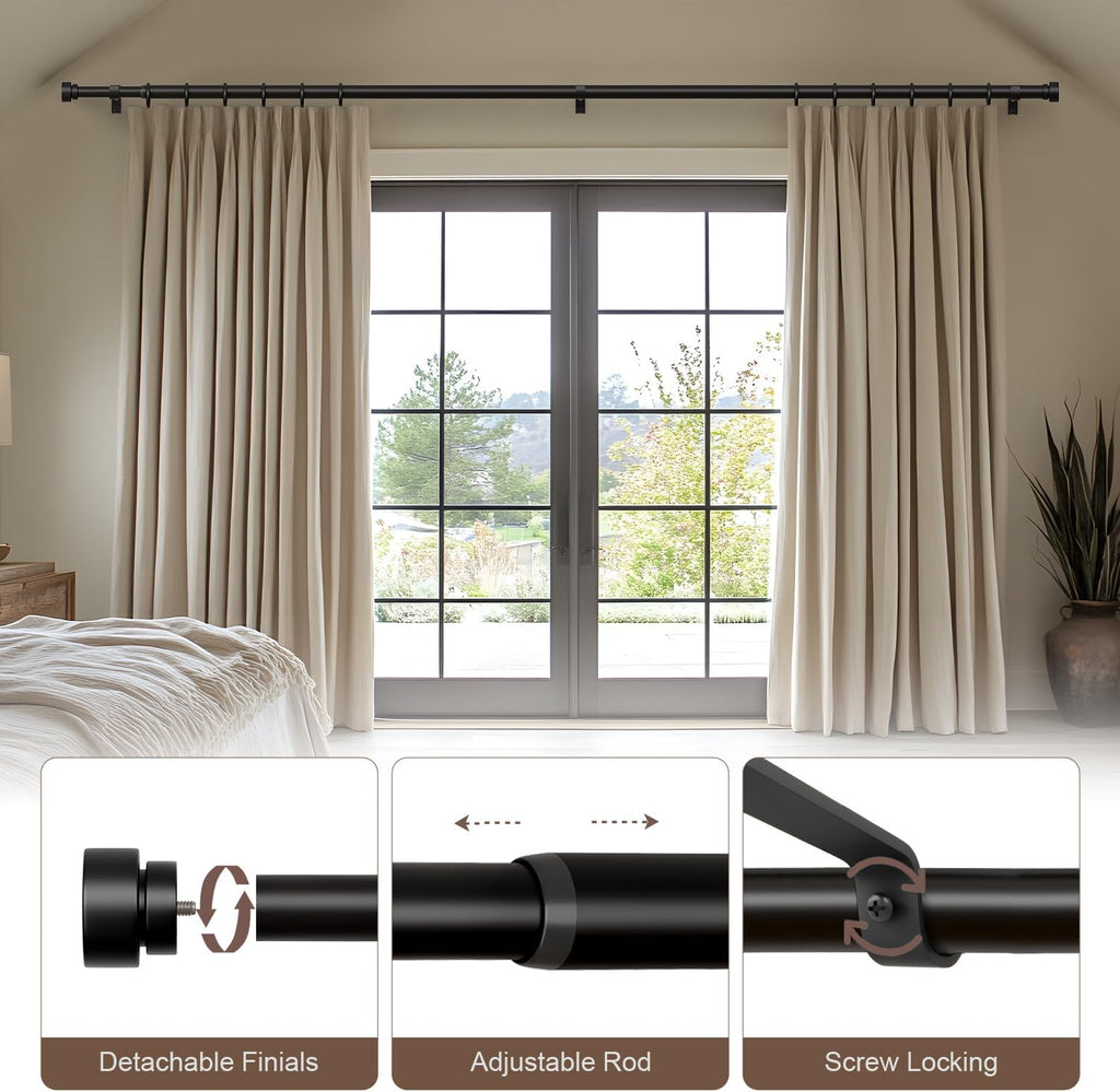 Black Curtain Rods for Windows 48 to 84 Inches Adjustable Heavy Duty 1" Diameter Window Curtain Rod with Decorative
