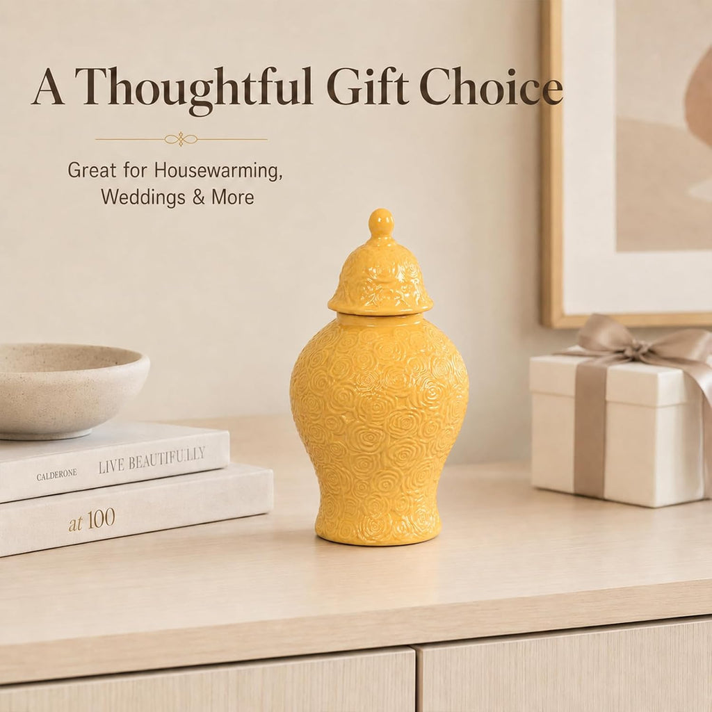 Small Ceramic Ginger Jar with Lid, 6 Inch Yellow Ginger Jar Vase Decor, Mini Porcelain Vase with Embossed Rose