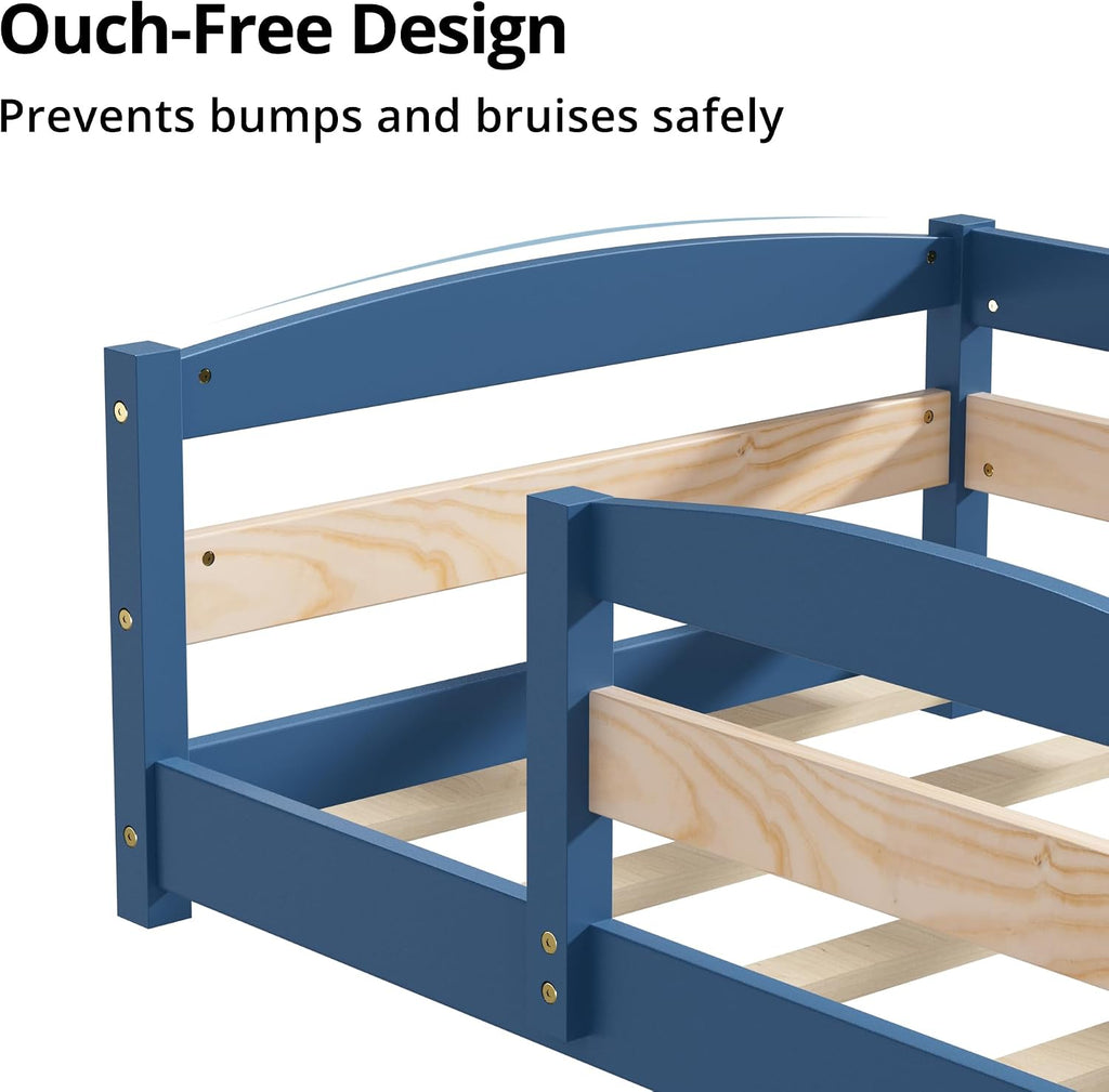 Standard Crib Size Toddler Bed, Wooden Low Montessori Floor Bed Frame with 2 Enters and Safe Guardrails for Boys and