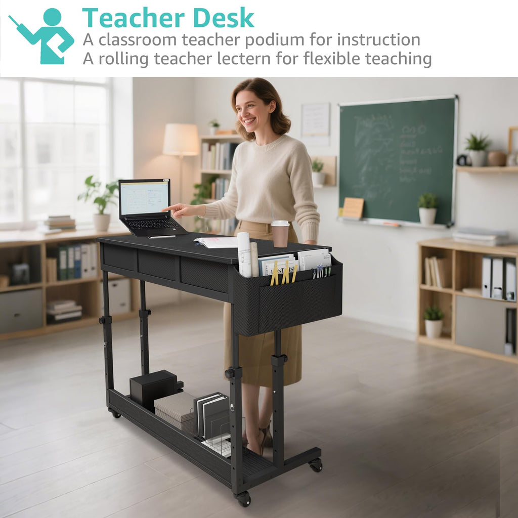 Rolling Standing Desk Adjustable Height with Drawers, 40 Inch Mobile Stand Up Portable Teacher Desks on Wheels for