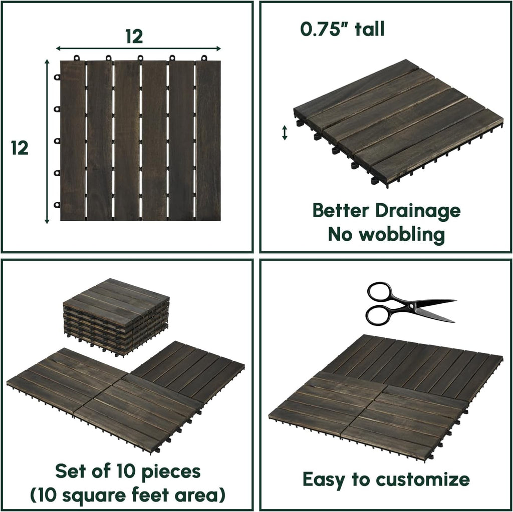 10PCS Interlocking Deck Tiles 12" x 12" - Waterproof Acacia Wood Decking for All Weather Use - Patio, Balcony, Porch